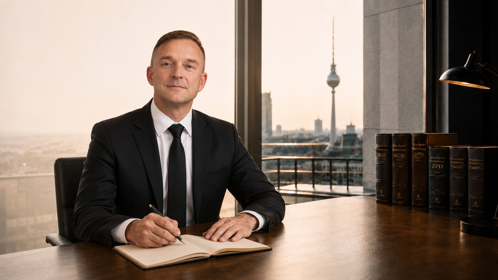 Rechtsanwalt Christian Kopitzsch am Schreibtisch mit Blick über Berlin
