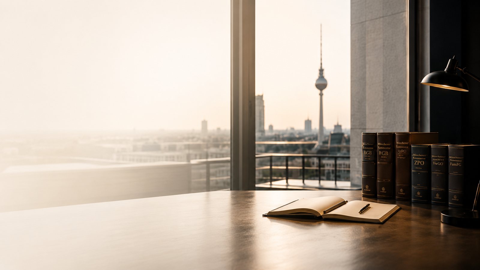 Arbeitsplatz der Kanzlei CKO mit juristischen Kommentaren und Blick über Berlin